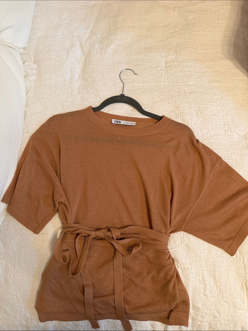 Zara Rust/Carmel Belted Short-Sleeve Knit Top. Sz S NWOT
